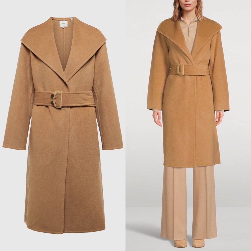 VINCE Wool Cashmere Belted Drape Neck Coat Womens 1X Brown Collar Pockets $995